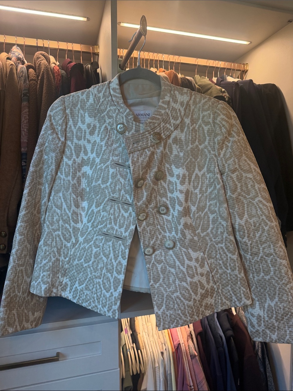 Armani Collezioni Ivory Taupe Textured Jacquard Jacket Blazer